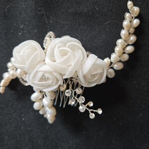 Bride Hair Comb Organza Freshwater Pearl and Cubic Zirconia Hair Accessories